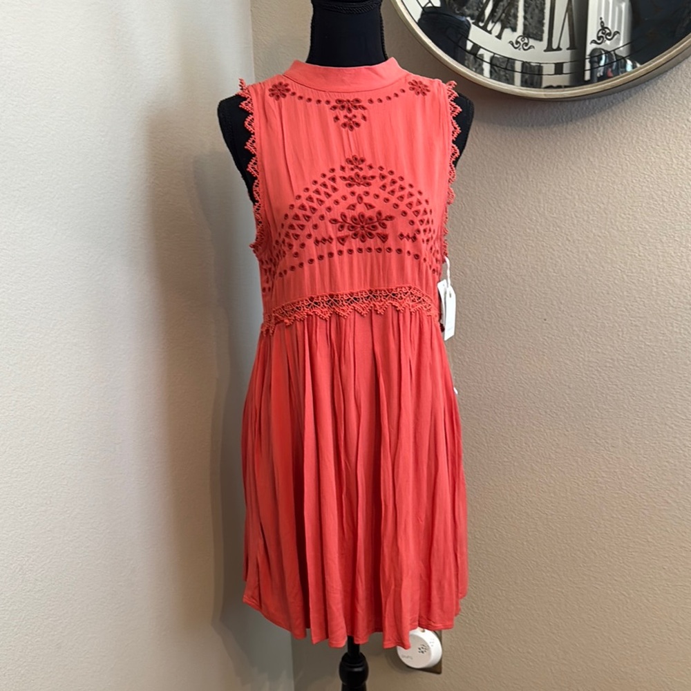 Elegant Coral Embroidered Mini Dress